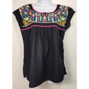 Jasbel Textiles Embroidered Blouse Size 12 (L) Black Mexican Floral Boho Top
